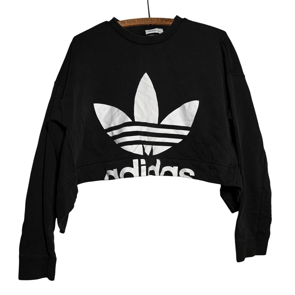 Adidas Originals Women S Black Cropped Trefoil Logo Sweatshirt Small Pullover